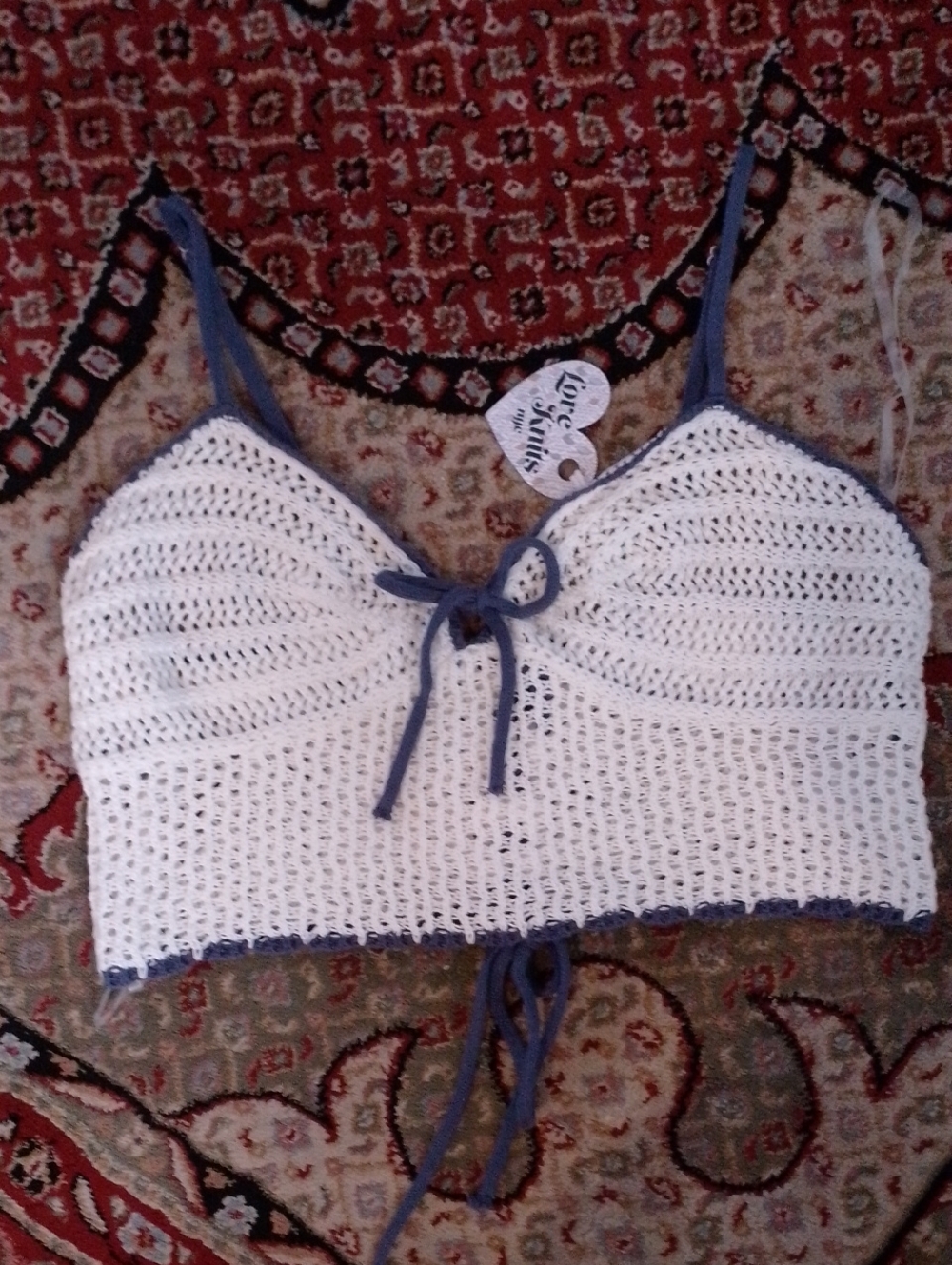 NYC Love Knit White Crochet Crop Top, Blue Trim Beach Bathing Suit Cover NWT